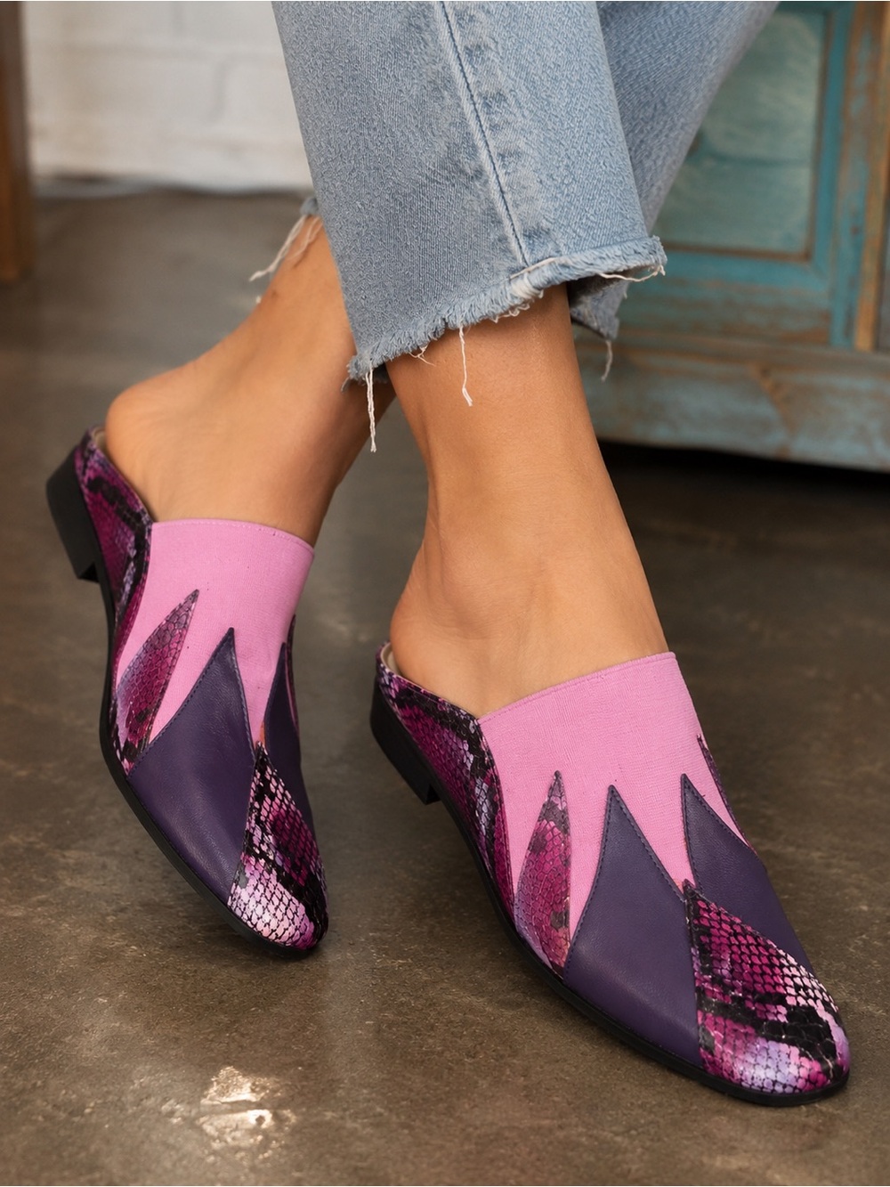 Vintage Bellini Pink and Purple Pointed Slip-On Mules